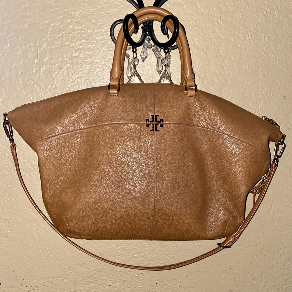 Tory Burch expandable tan leather satchel with crossbody shoulder strap